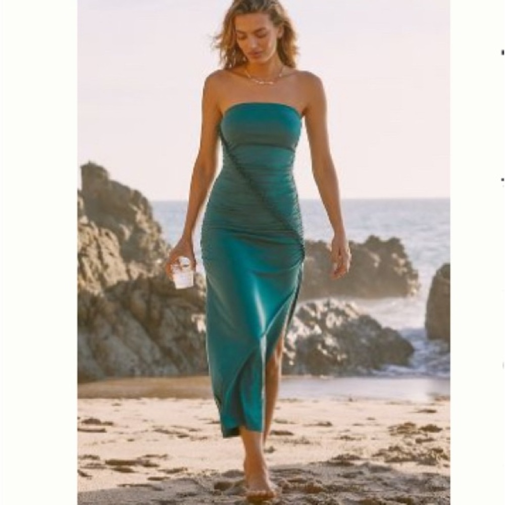 Anthropologie The Gabbie Strapless Ruched Tube Dress by Celandine Dark Turquoise